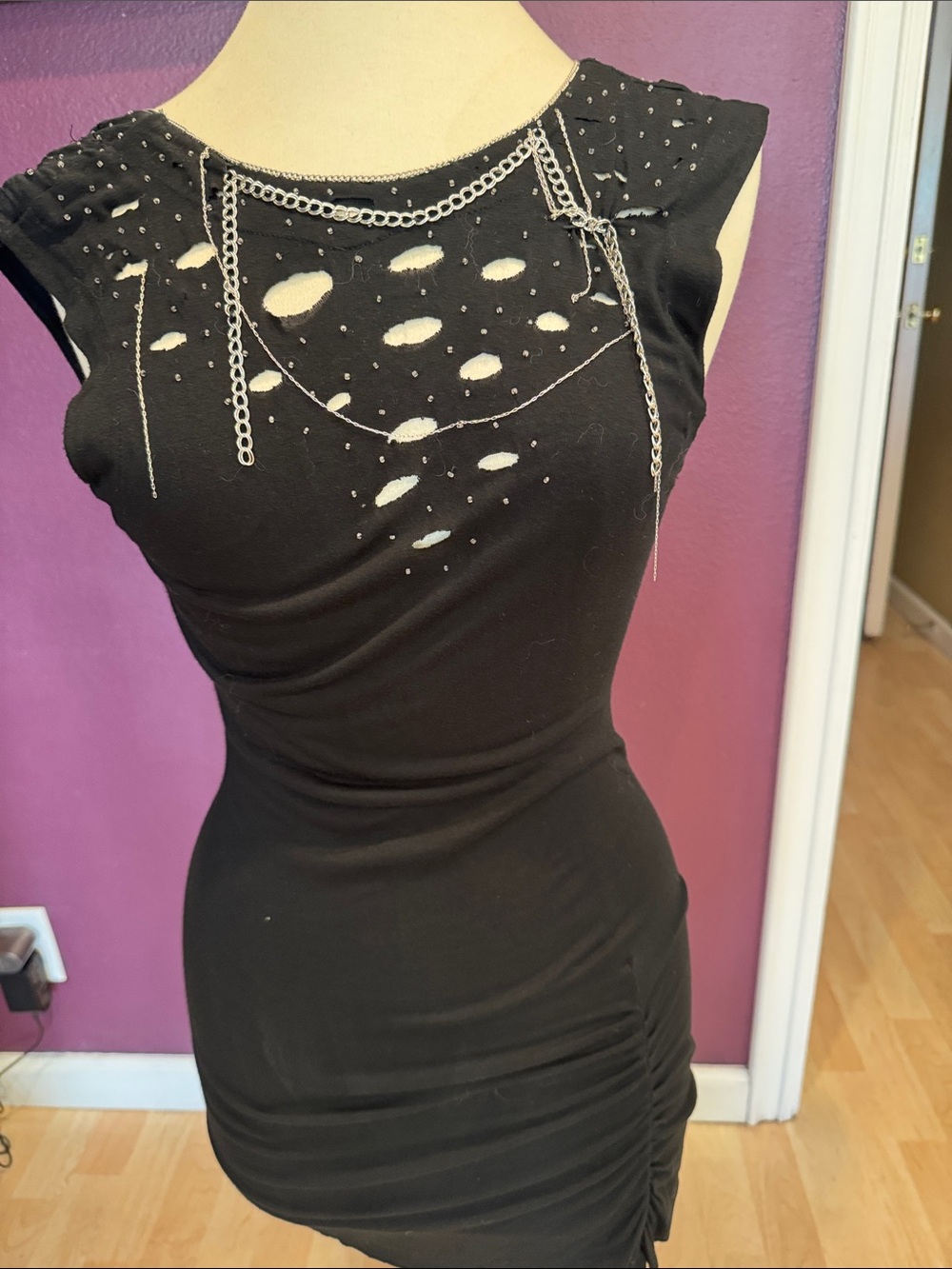 Black Distressed Chain-Trim Sleeveless Dress